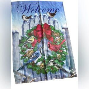 Festive Holiday Wreath Flag with Birds